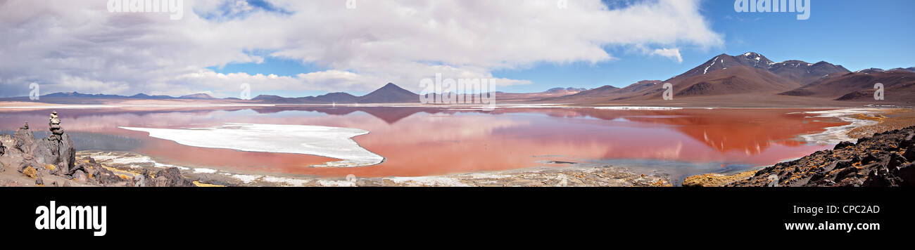 Panorama de la lagune rouge, ou la Laguna Colorada, sur l'Altiplano près de Uyuni à l'intérieur de la réserve nationale Eduardo Avaroa en Bolivie. Banque D'Images