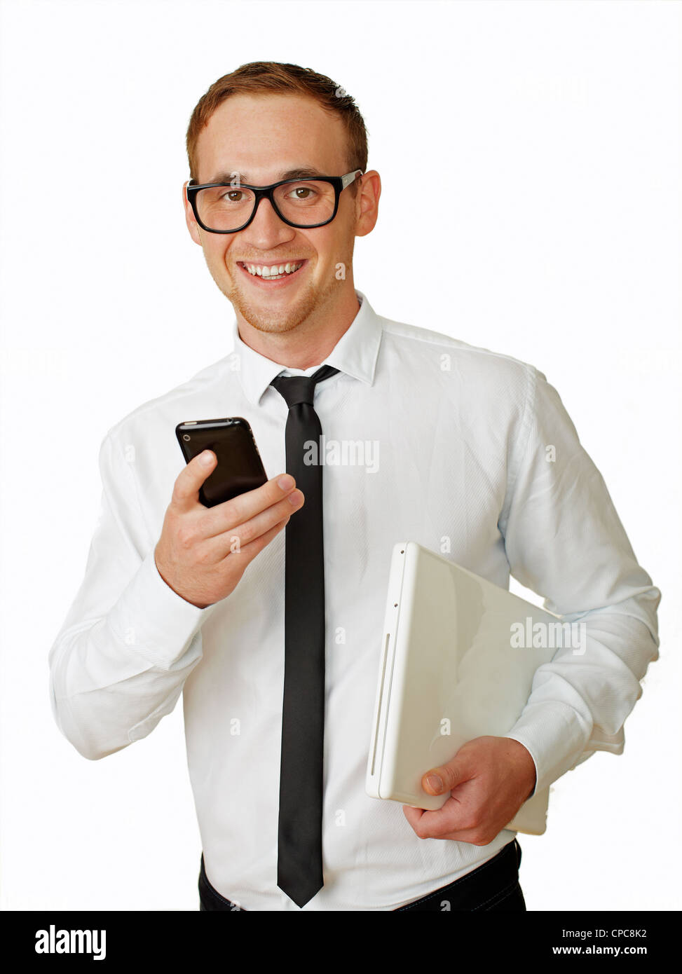 Homme avec portable et téléphone Banque D'Images
