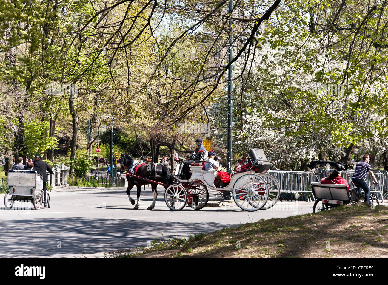Horse & carriage & traditionnel rival pedicabs donnent aux visiteurs visite romantique de Central Park sur la belle journée de printemps New York City Banque D'Images