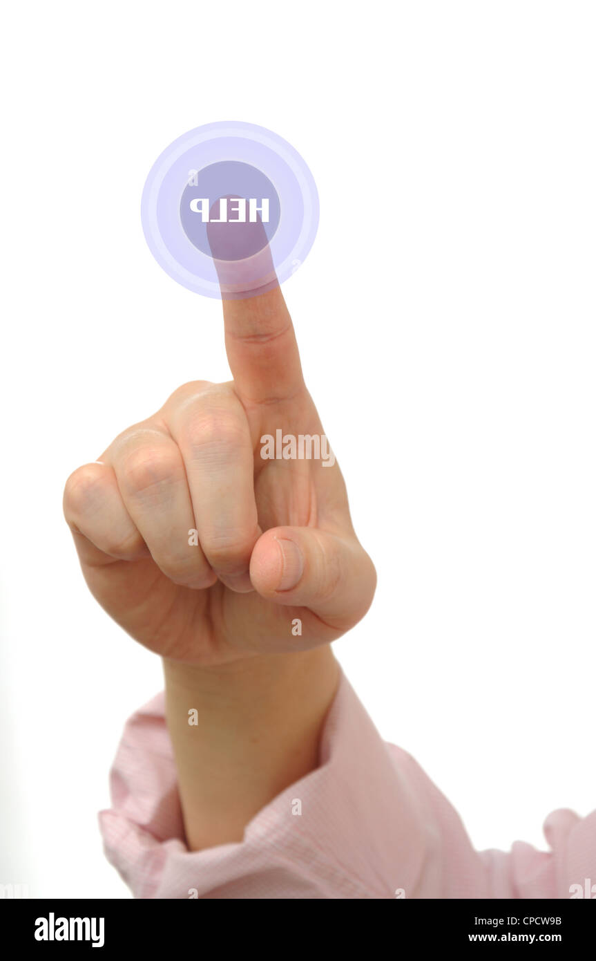 Businessman poussant un bouton Aide sur écran tactile Banque D'Images