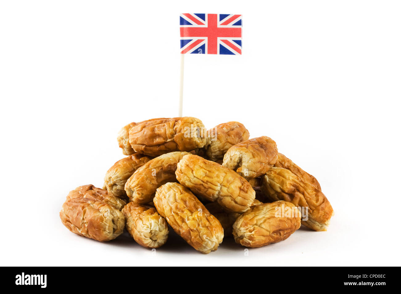 Tas de saucisses avec union jack on white Banque D'Images