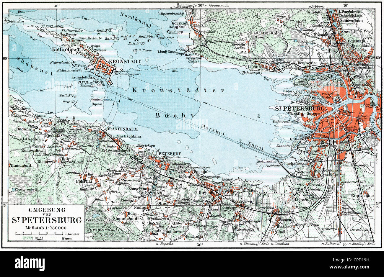Plan de Saint-Pétersbourg et de la région environnante, Kronstadt et le golfe de Finlande. Banque D'Images