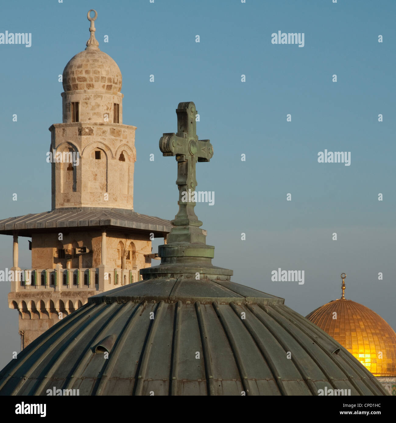 Ecce Homo dome, minaret et Dôme du Rocher, Jérusalem, Israël, Moyen Orient Banque D'Images