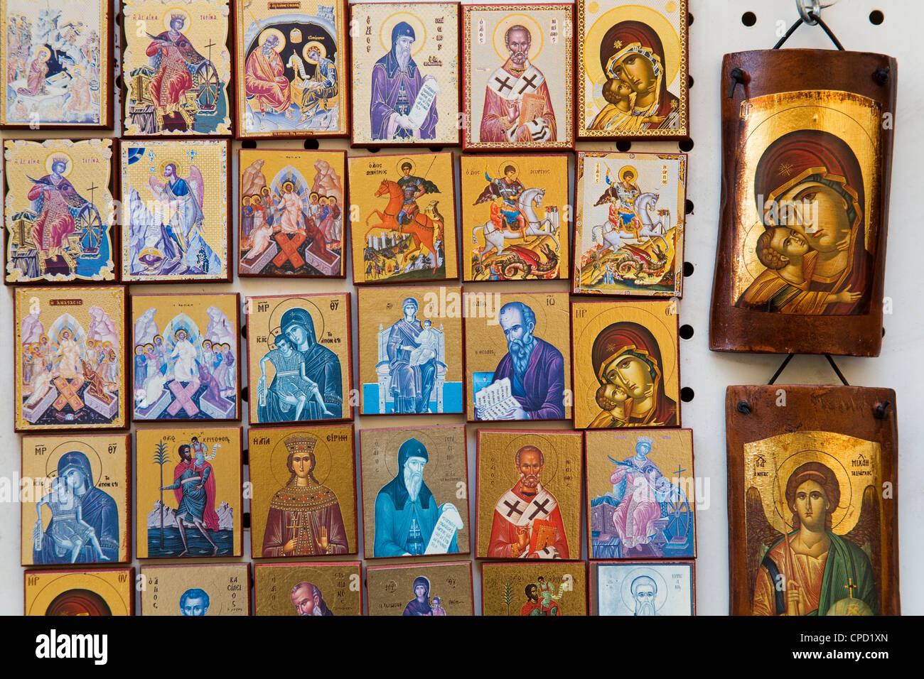 Icônes orthodoxes à vendre dans le quartier de Plaka, Athens, Greece, Europe Banque D'Images