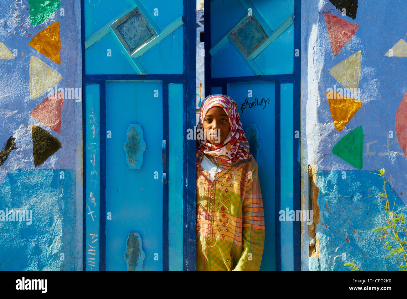 Peint nubien Village près d'Assouan, Egypte, Afrique du Nord, Afrique Banque D'Images