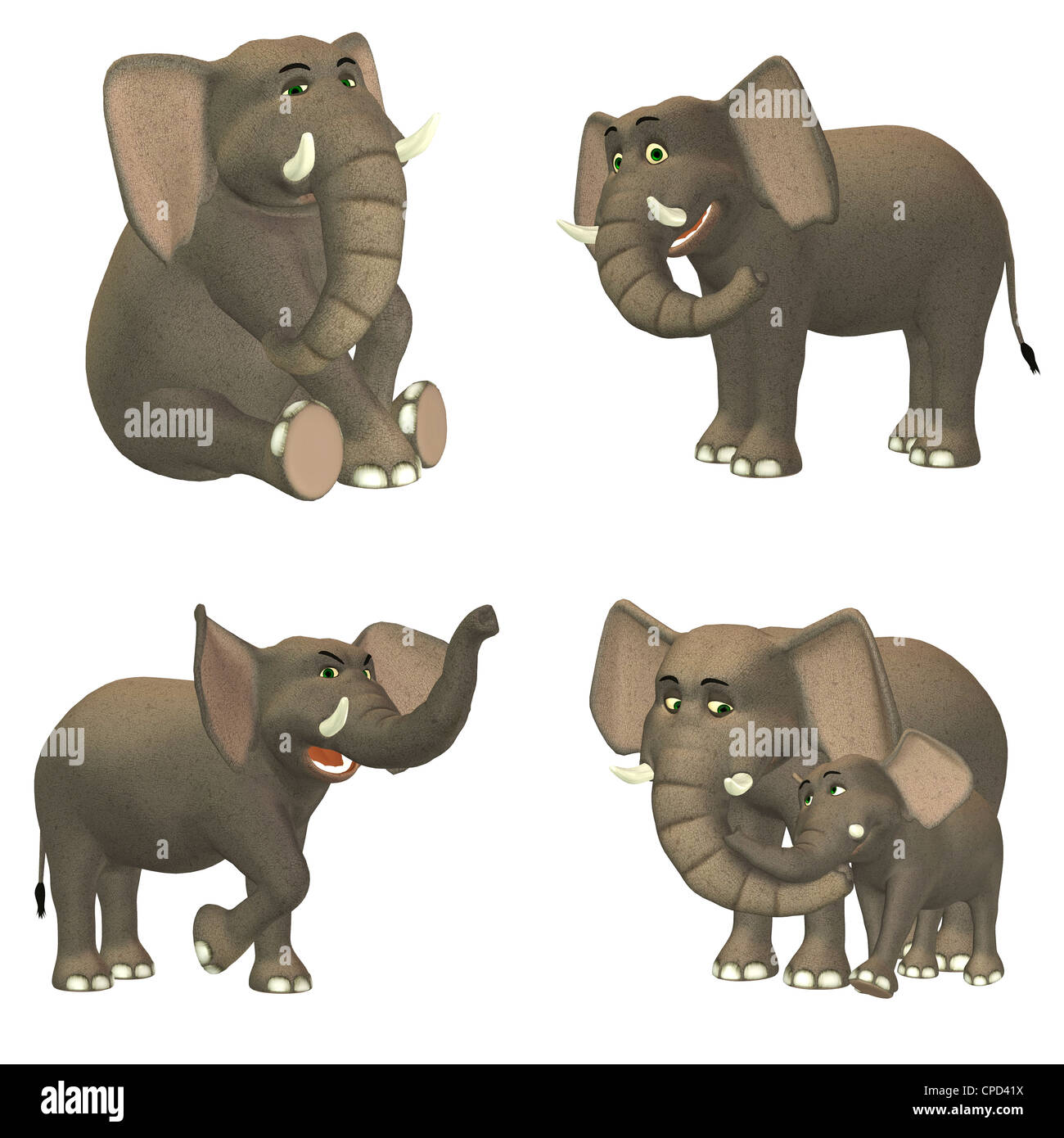 Illustration d'un pack de quatre (4) les éléphants avec différentes poses et expressions isolé sur fond blanc Banque D'Images