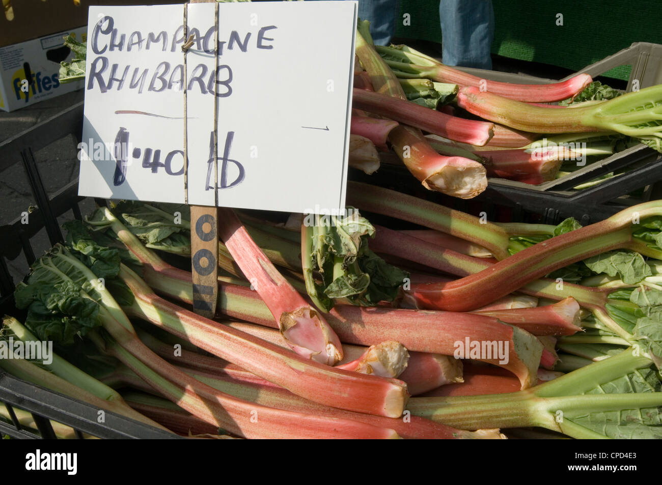 Les bâtonnets de rhubarbe de bâton sur market stall Banque D'Images