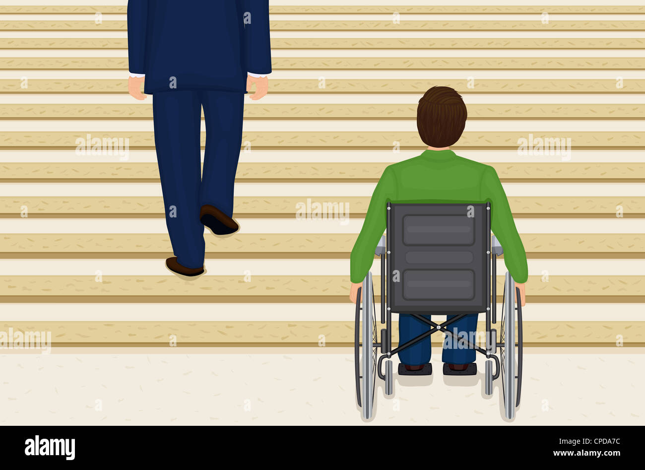 Les jeunes handicapés homme coincé dans un fauteuil roulant, à l'escalier à l'avant et se sentir impuissant. Banque D'Images
