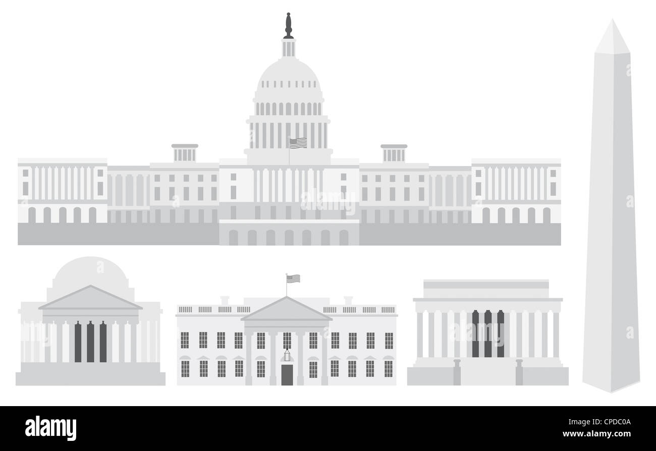 Washington DC Capitole Monument Jefferson et Lincoln Memorial Illustration Banque D'Images