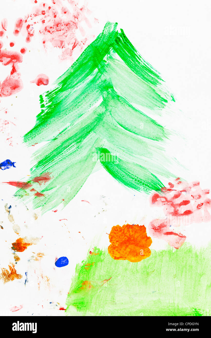 Dessin d'enfant dynamique d'un arbre de Noël avec des coups de pinceau vert Banque D'Images