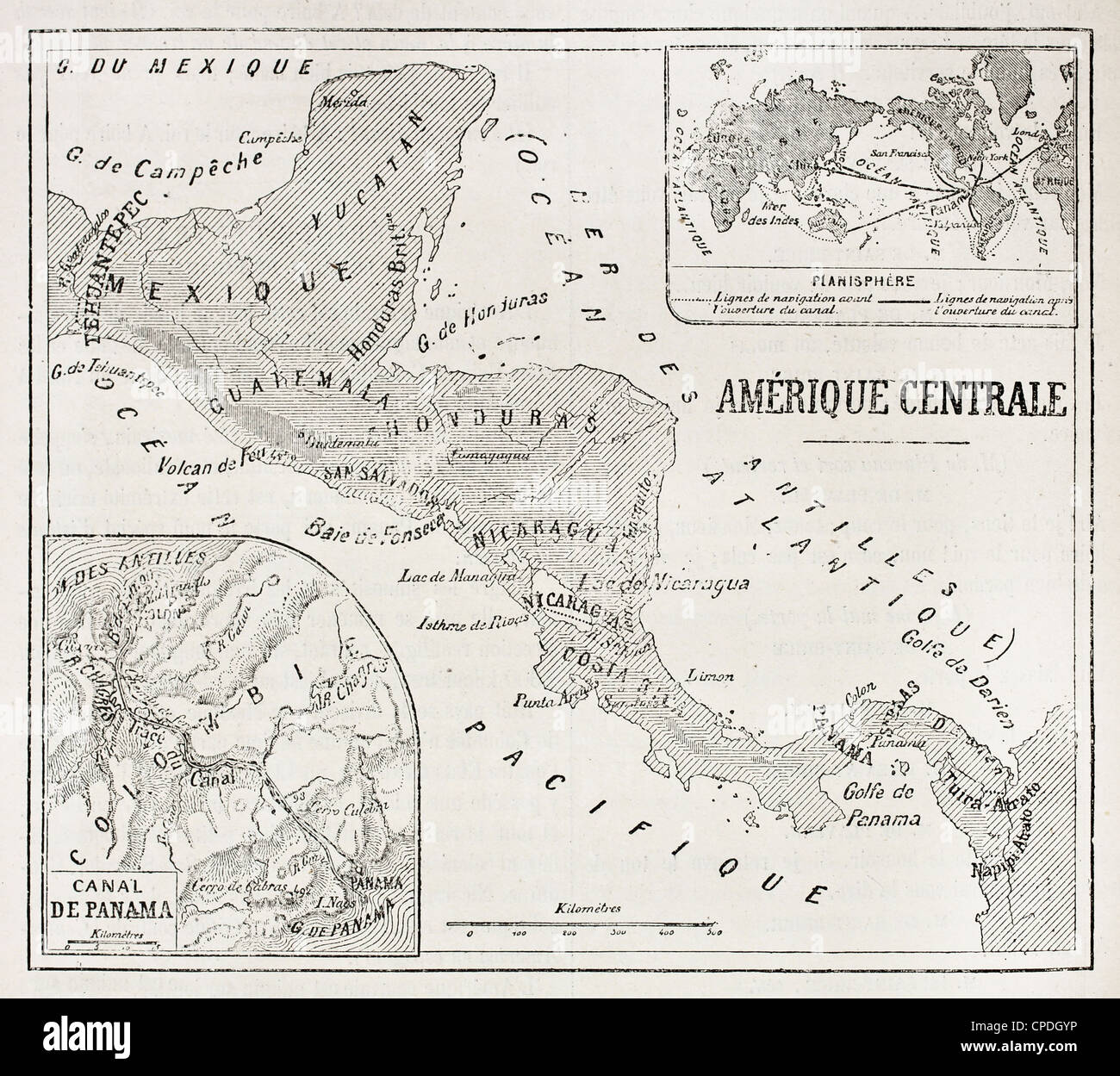 Carte ancienne de l'Amérique Centrale et Panama avec insert cartes Planisphère Banque D'Images