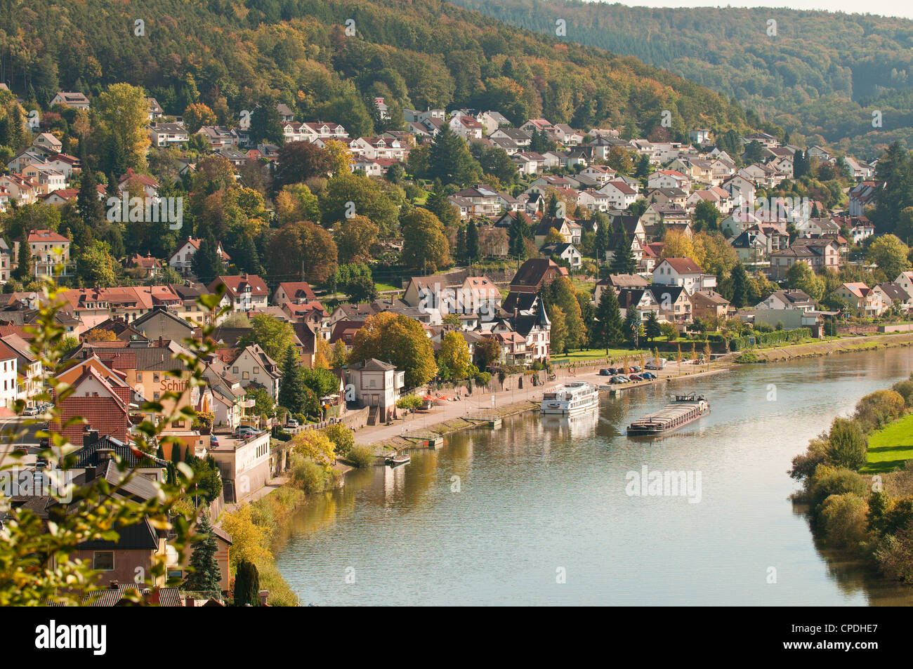 Vue sur la rivière Neckar et Château de Neckarsteinach Hinterburg, Hesse, Germany, Europe Banque D'Images
