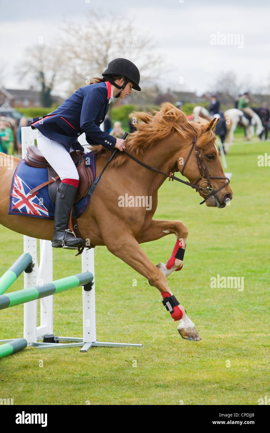 Un cheval et cavalier en compétition de saut d'un événement tenu à l'extérieur, sur un terrain de sport en Angleterre Banque D'Images