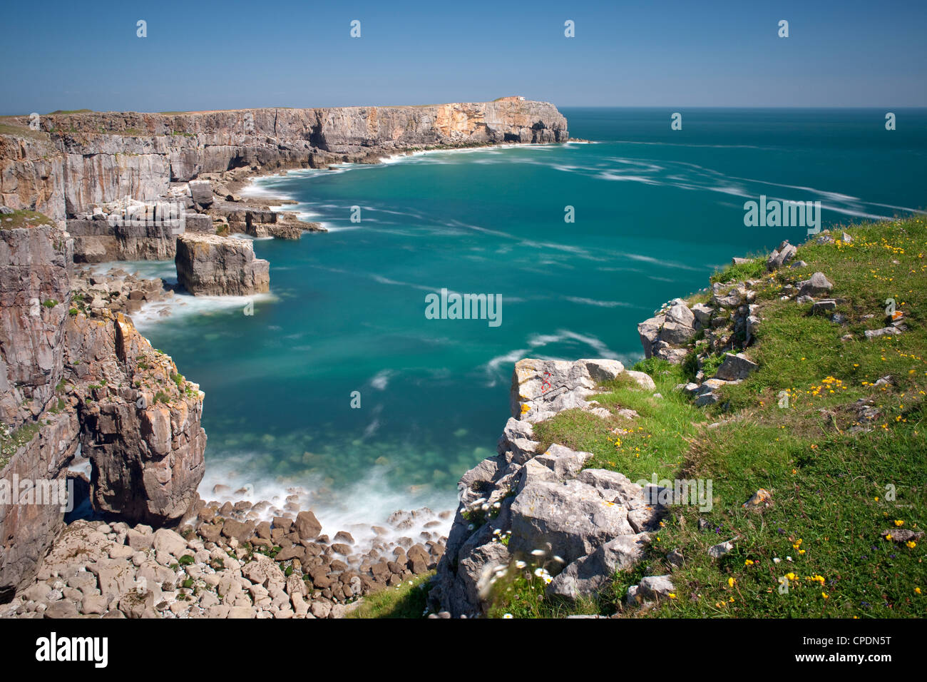 En regardant vers la tête de Saint Govan, Pembrokeshire, Pays de Galles, Royaume-Uni, Europe Banque D'Images