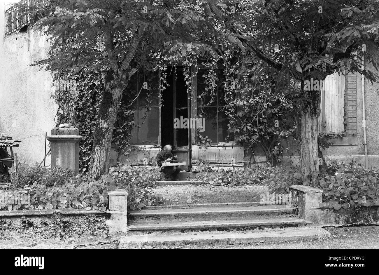 Scène rustique française de l'homme shelling des petits pois au midi Pyrénées France 1990 scène rurale homme travaillant Banque D'Images