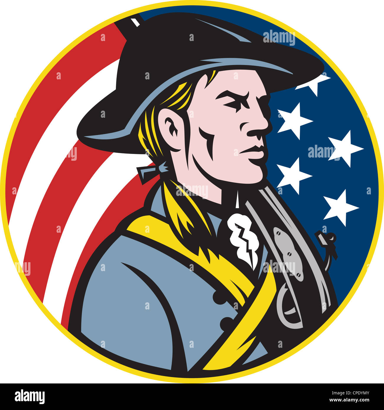Illustration d'un patriote américain Minuteman soldat révolutionnaire avec carabine fusil et stars and stripes flag Banque D'Images