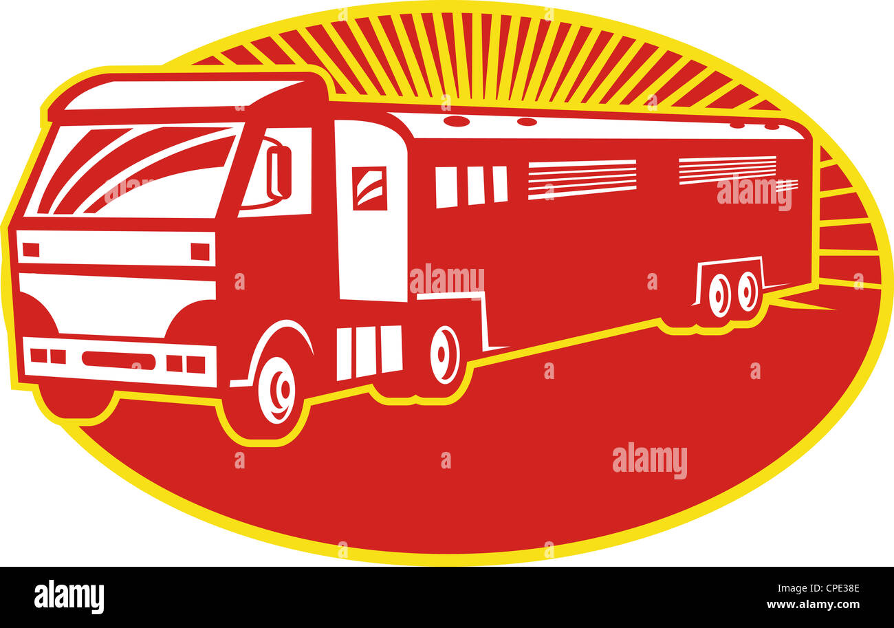 Illustration d'un camion de transport de chevaux camion et la remorque fait en rétro style gravure sur bois situé à l''intérieur de l'ellipse. Banque D'Images