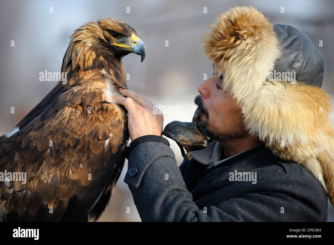 Chasseur Kazakh Karim avec son aigle doré. Banque D'Images