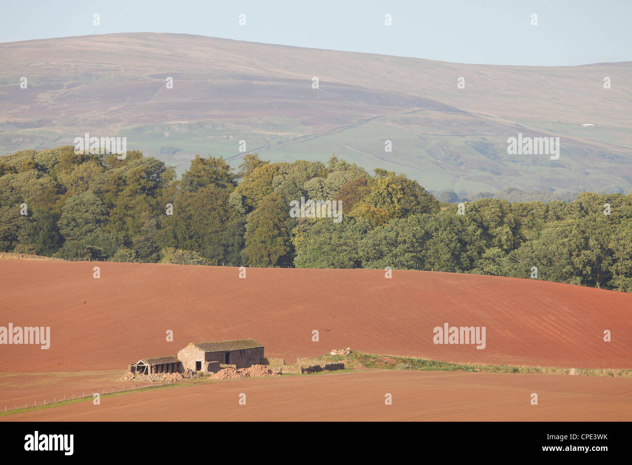 Crowdyknowe grange dans un champ labouré près de Staffield avec relevage buvard sommet mondial sur Croglin tomba, Eden Valley Cumbria England UK Banque D'Images