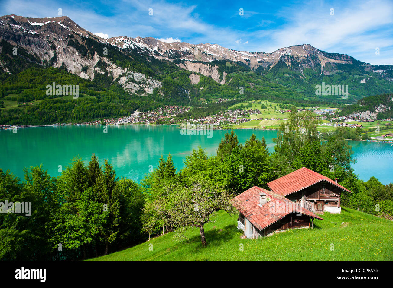 Panorama du lac de Brienz Brienz avec la ville en arrière-plan, Suisse Banque D'Images