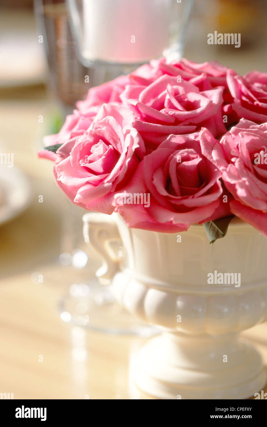 Vue rapprochée de roses roses dans un vase Banque D'Images