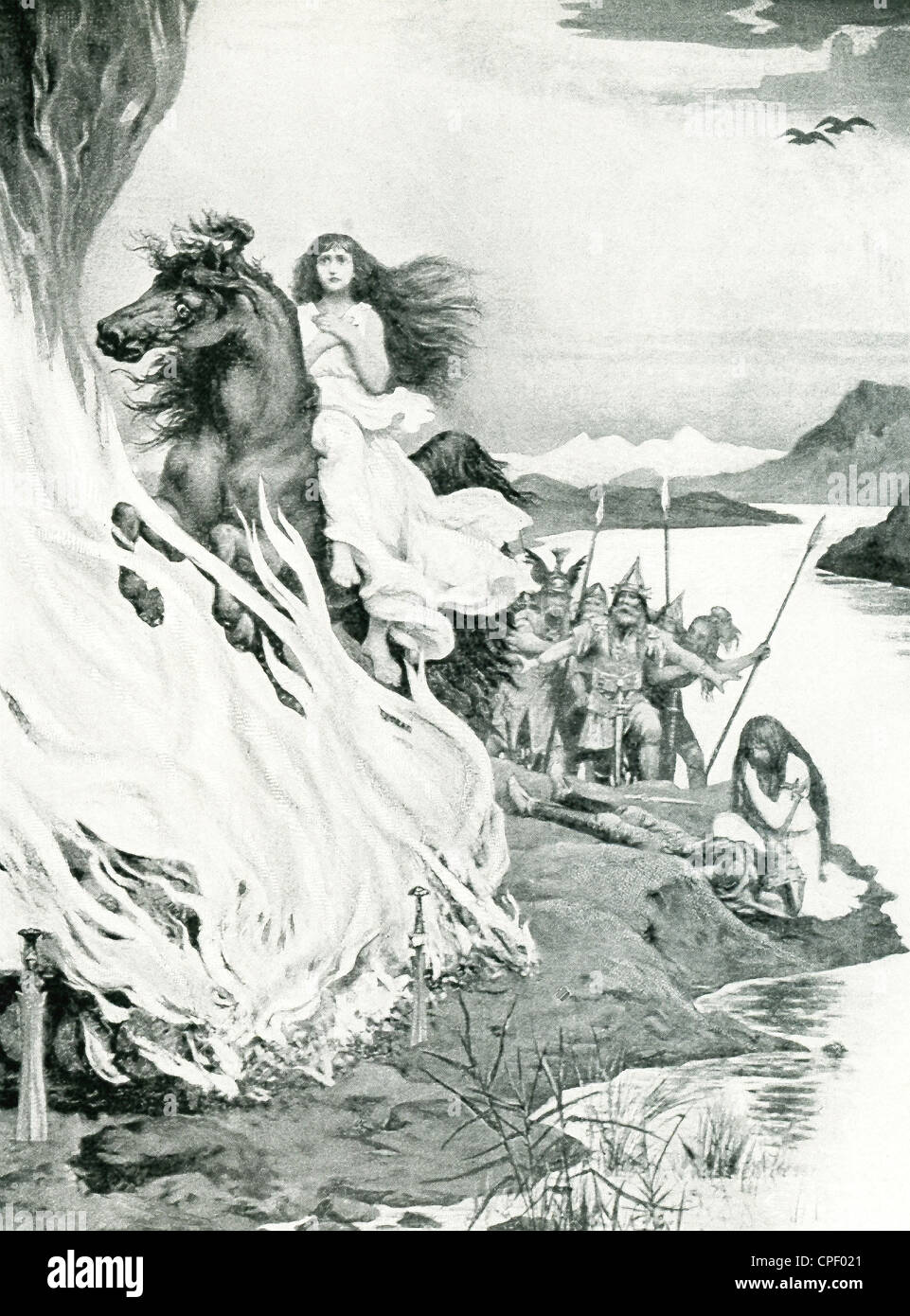 Cette illustration montre la fin de Brunhild. Wotan est un dieu du ciel. Brunhild est un bouclier maiden et une Valkyrie. Banque D'Images