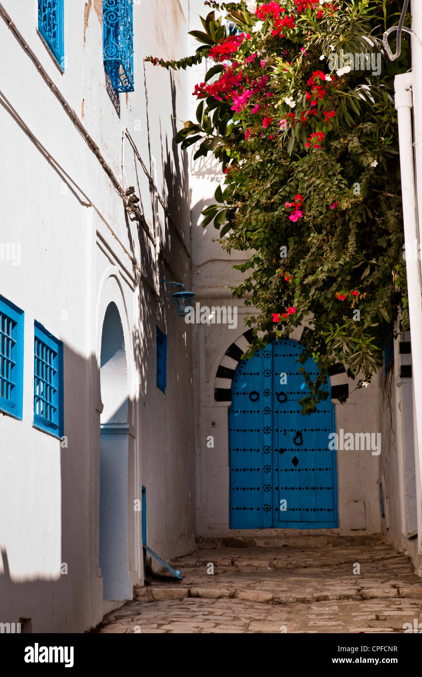 Porte bleu traditionnel, grille et écrans de fenêtre sur une maison de Sid Bou Said, Tunisie Banque D'Images