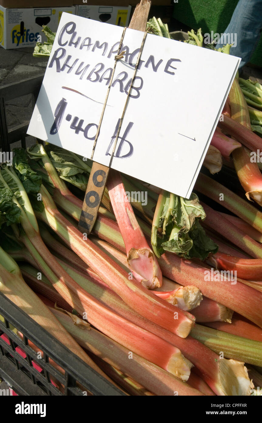 Les bâtonnets de rhubarbe de bâton sur market stall Banque D'Images