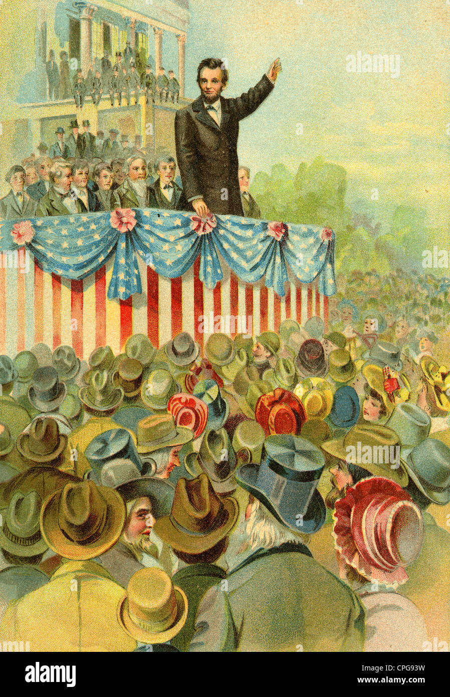 Circa 1900 gravure, Abraham Lincoln prononce un discours. Banque D'Images