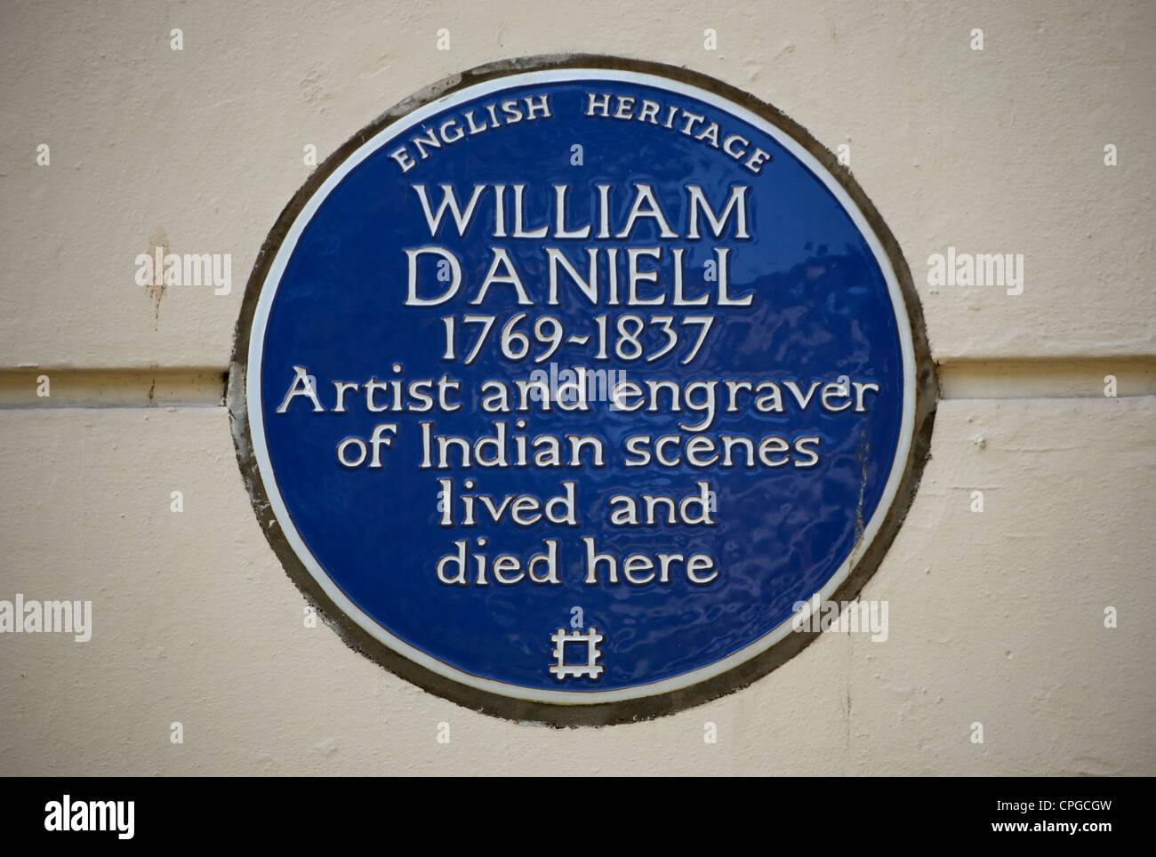 English Heritage blue plaque marquant un accueil et un décès de l'artiste et graveur William Daniell, Londres, Angleterre Banque D'Images