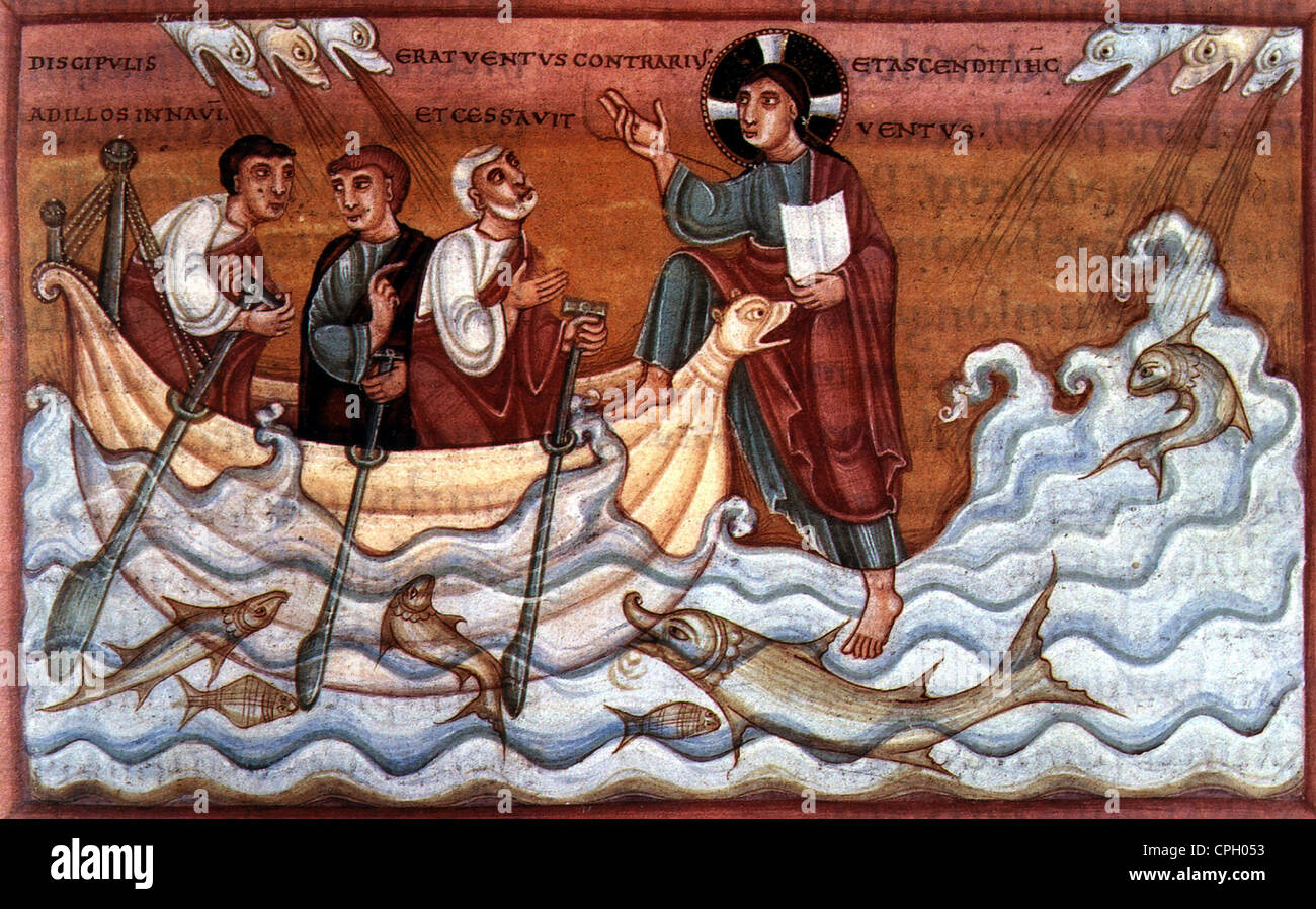 Religion, Christianisme, Christus, scène, Jésus marchant sur le lac Genezareth, miniature du Codex aureus Escorialensis, Echternach, vers 1045, droits additionnels-Clearences-non disponible Banque D'Images