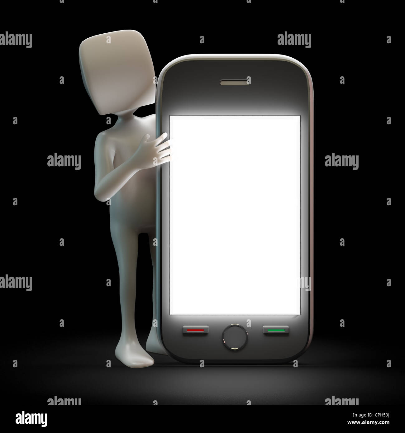 Dessins animés en 3D character Techy avec un smartphone à écran tactile Banque D'Images