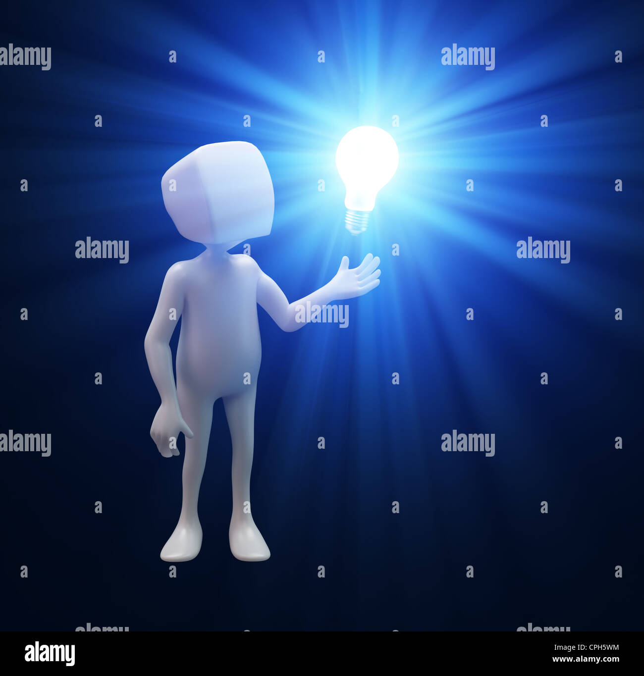 3D character Techy with a Light bulb Banque D'Images
