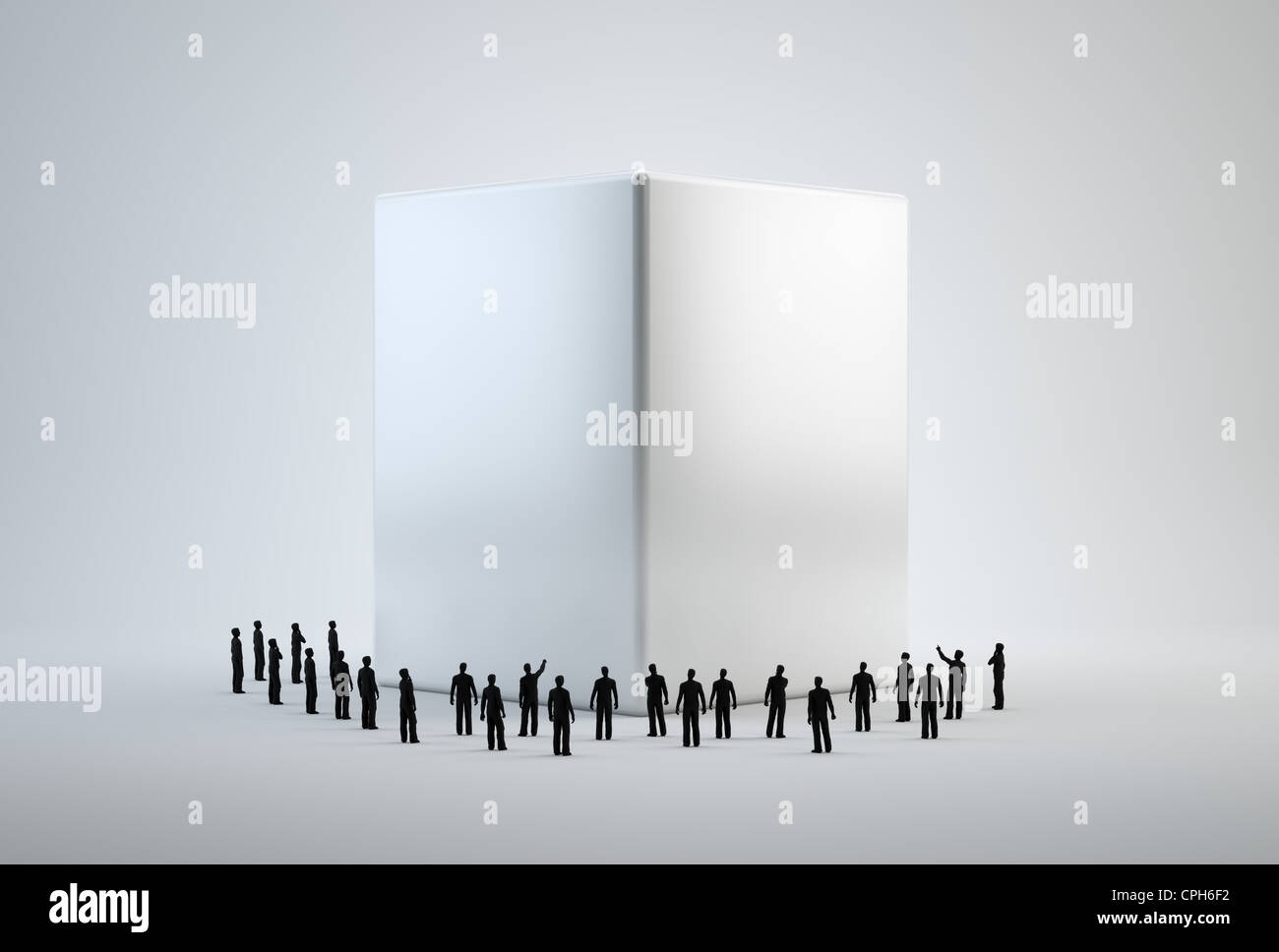 3d Petit gens debout autour d'un cube blanc Banque D'Images