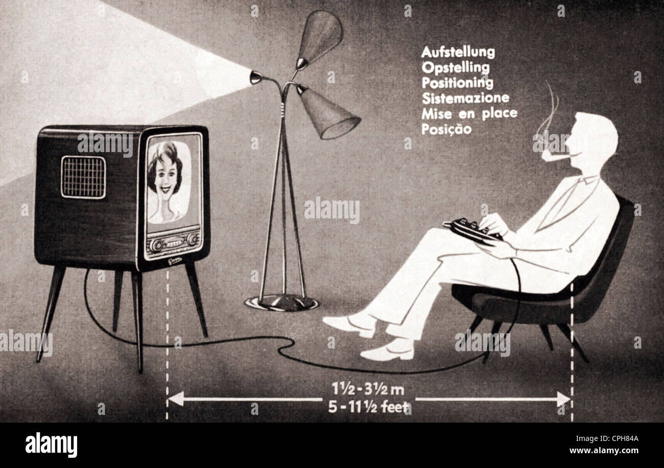 Broadcast, Television, GRAETZ manuel d'instructions, positionnement correct du téléviseur Graetz Kornet avec télécommande, Allemagne, 1957, droits supplémentaires-Clearences-non disponible Banque D'Images