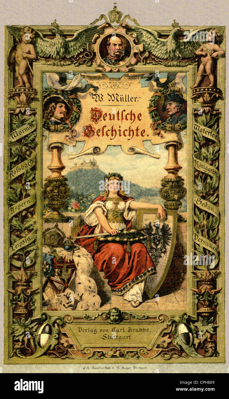 Littérature, livre, 'Deutsche Geschichte' (Histoire allemande), auteur: Professeur Wilhelm Mueller, édition populaire illustrée, empereur William I et Frederick II comme médaillon, maison d'édition par Carl Krabbe, Allemagne, 1888, droits additionnels-Clearences-non disponible Banque D'Images