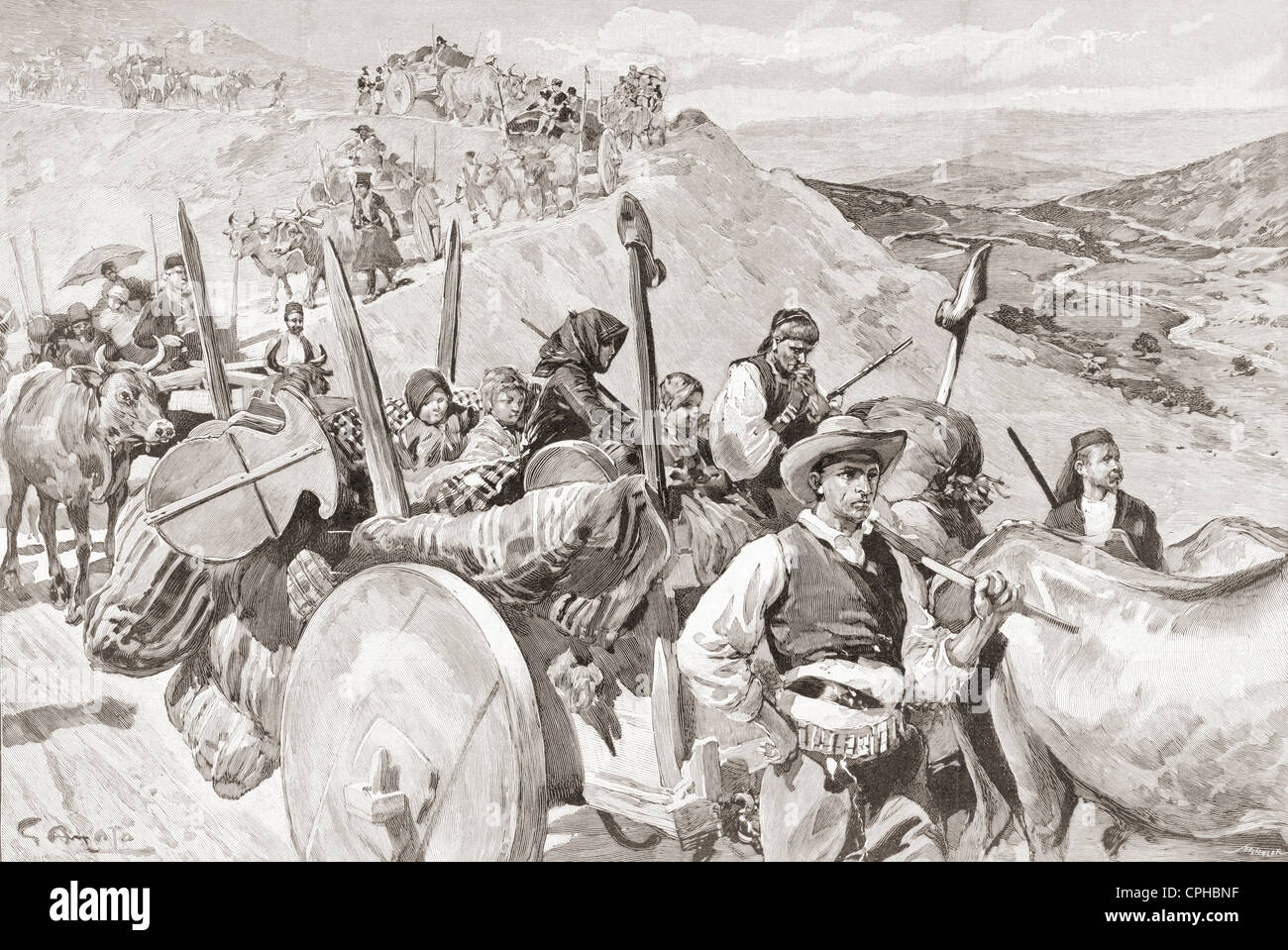 Réfugiés Grecs fuyant Farsalia à Domokos avant l'avance turque, lors de la guerre gréco-turque de 1897. Banque D'Images