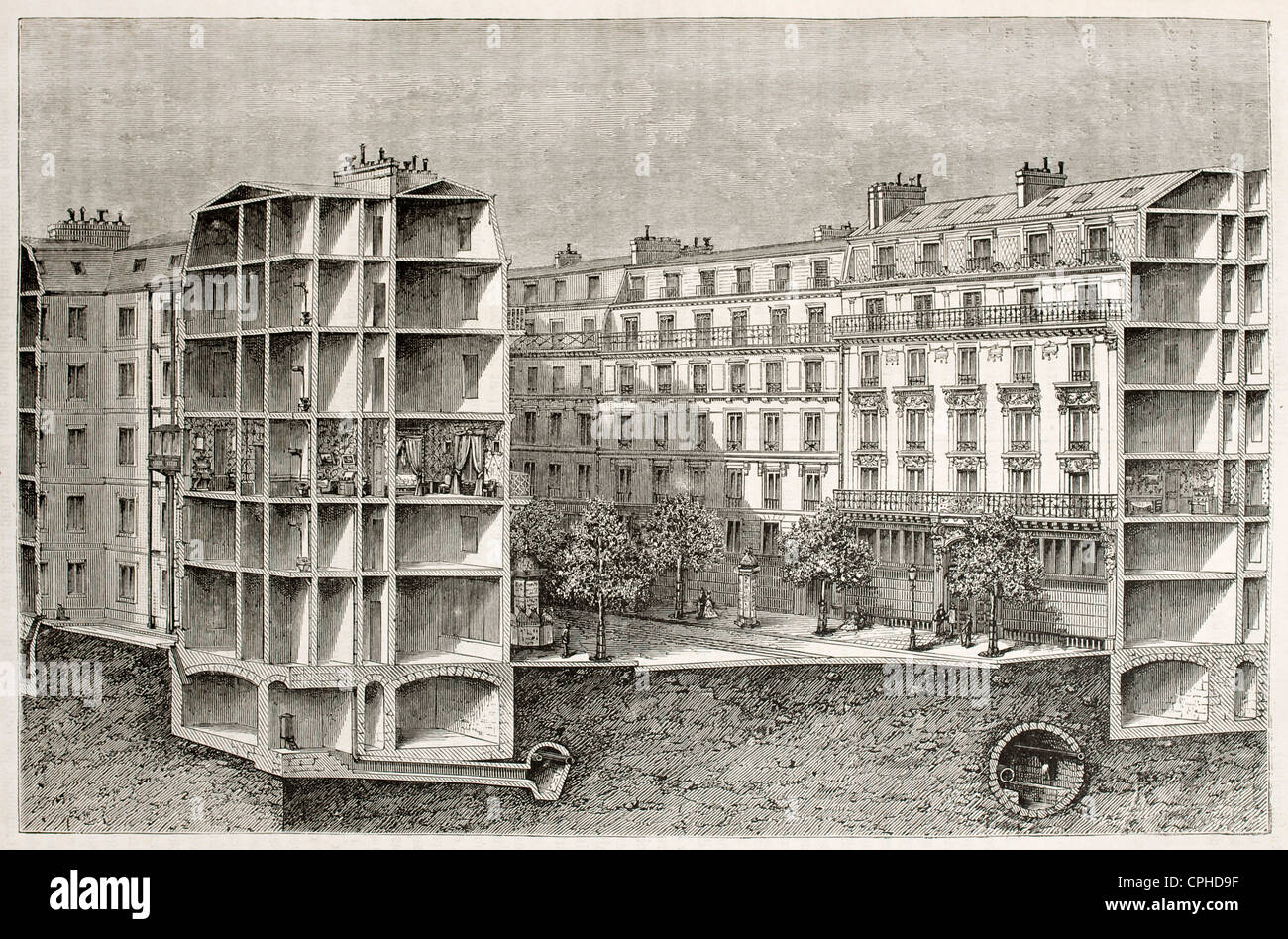 Boulevard Parisien cross section vieille illustration Banque D'Images