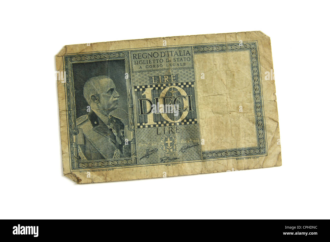 1938 Italie 10 lires. Banque D'Images