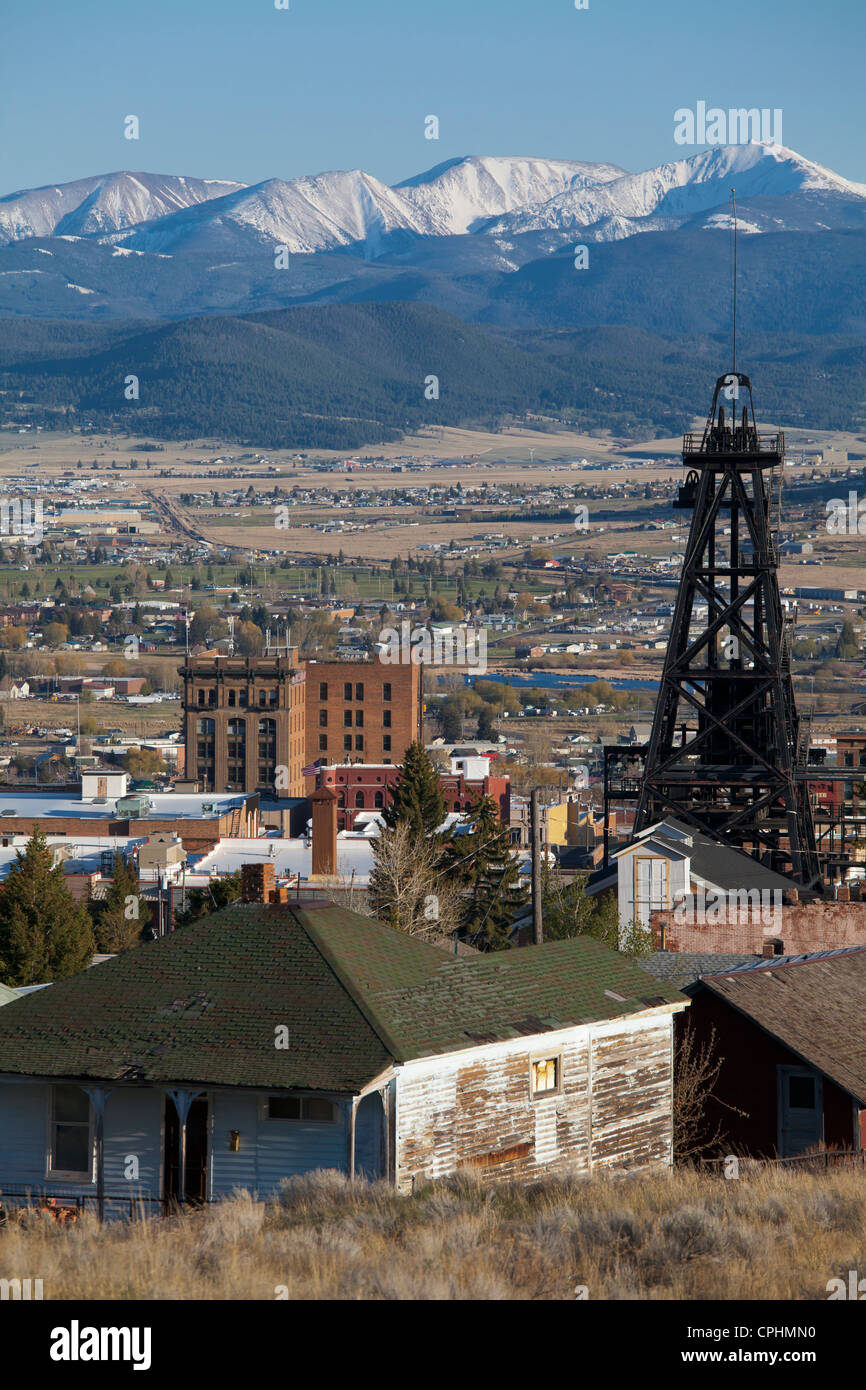 Centre-ville, le chevalement, montagnes Rocheuses, Butte, Montana, Banque D'Images