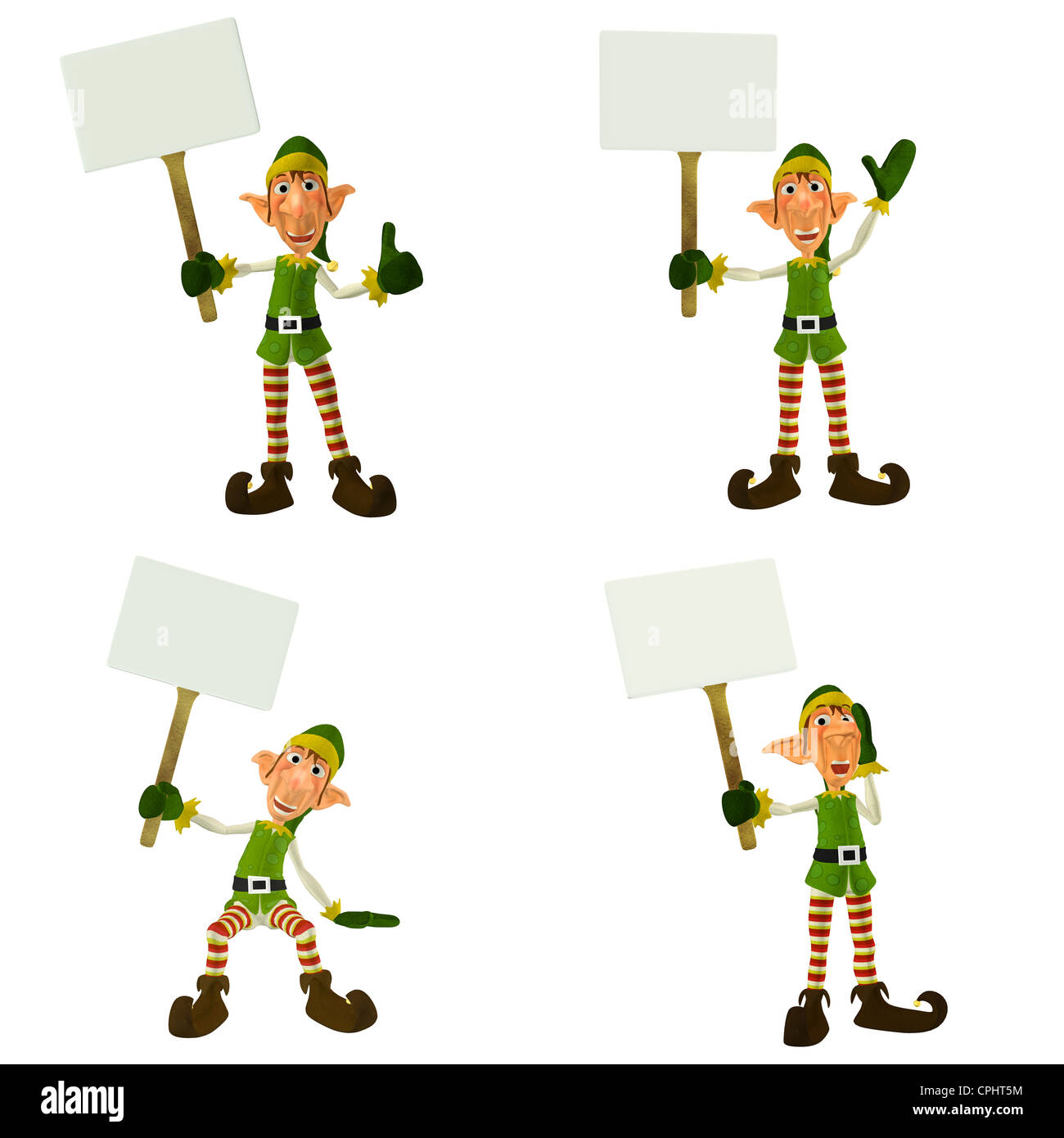 Illustration d'un pack de 4 lutins de Noël avec différentes poses et expressions avec un panneau isolé sur fond blanc Banque D'Images