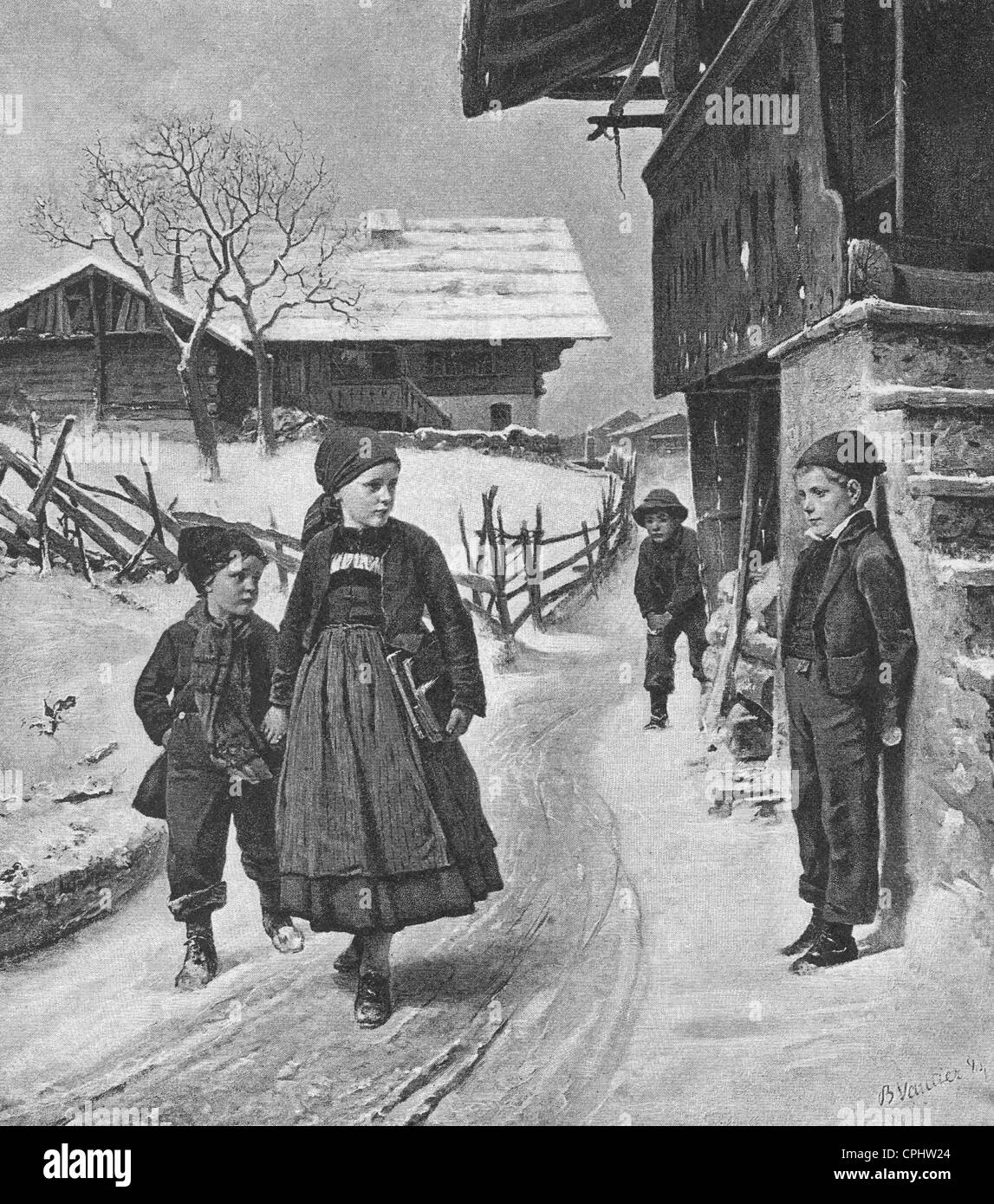 La peinture du 19ème siècle intitulé 'Hinterlist' par B. Vautier. La photo montre des enfants sur le chemin de l'école en hiver. Banque D'Images