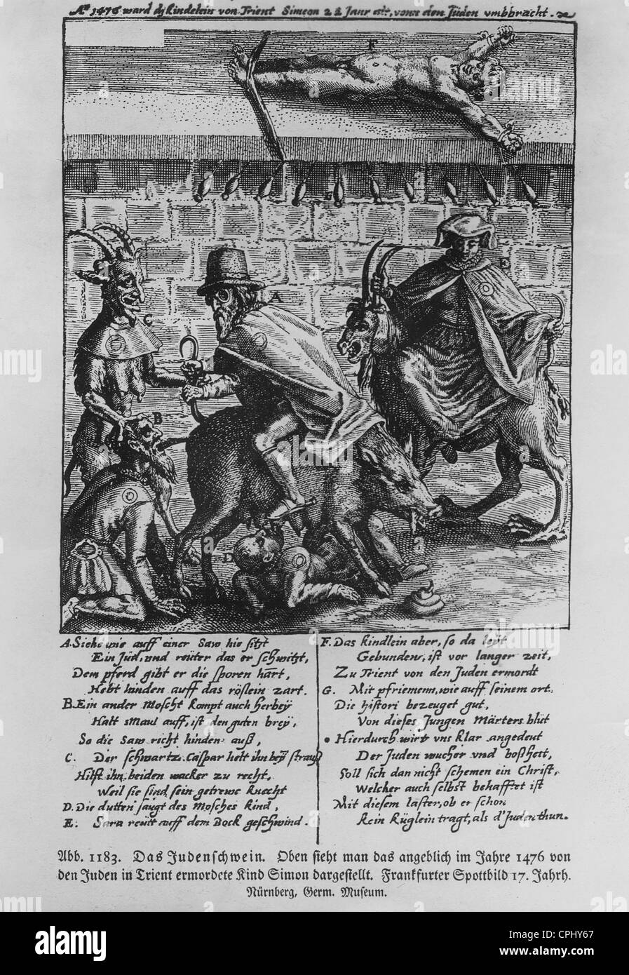 Pamphlet antisémite intitulé 'Das Judenschwein' ('Le Peuple Juif digitale"), dans la partie supérieure le meurtre rituel supposé de Simon de Banque D'Images