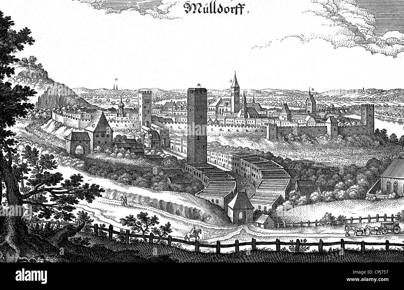 Vue sur la ville de Muehldorf am Inn, 1664 Banque D'Images