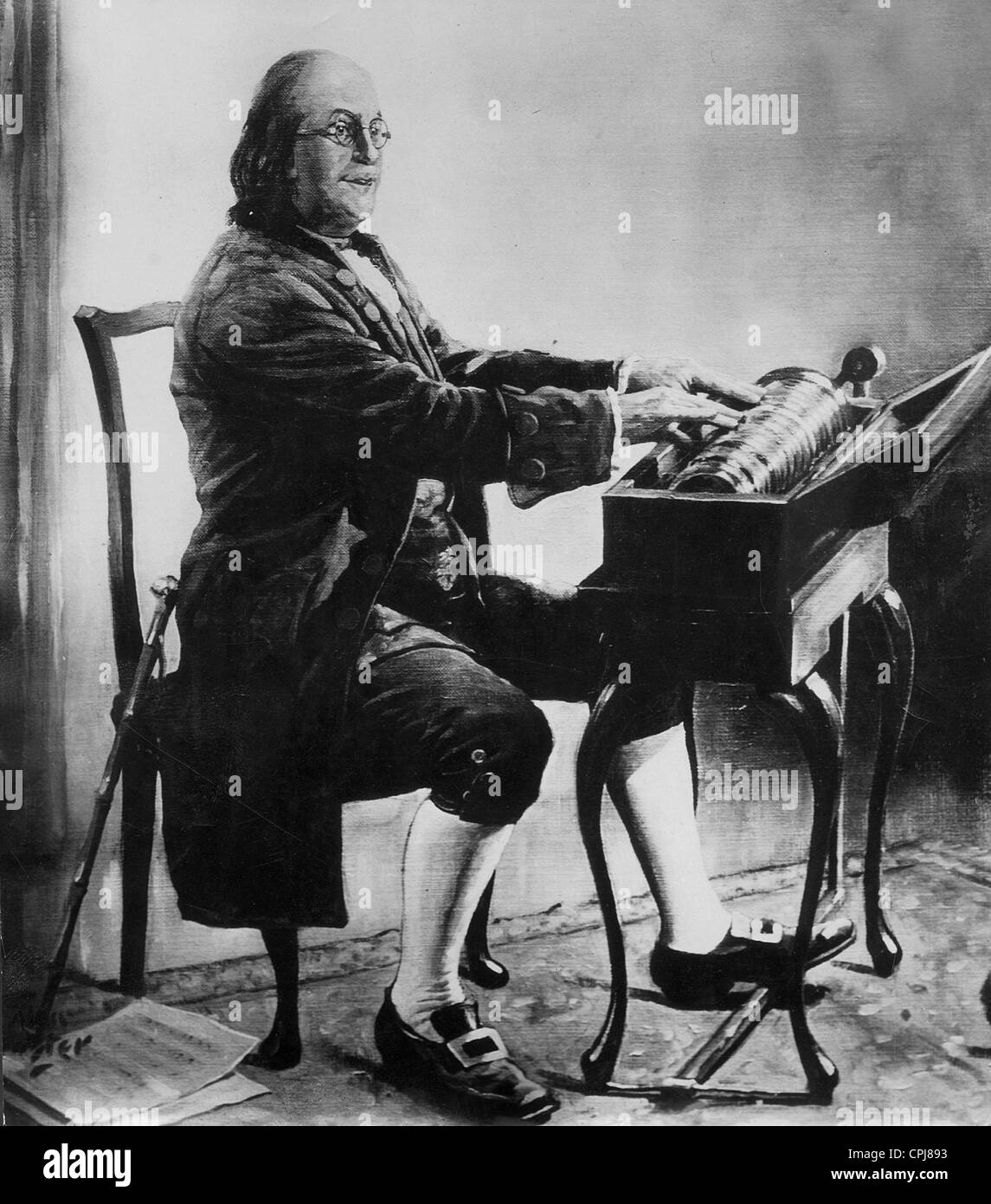 Benjamin Franklin avec un harmonica de verre Banque D'Images