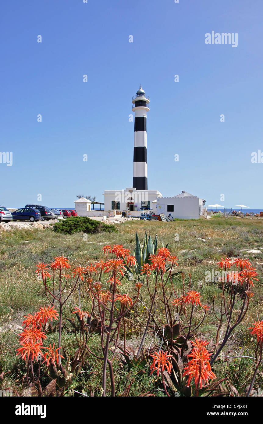 Au loin le phare de Cap d'Artutx, Minorque, Iles Baléares, Espagne Banque D'Images