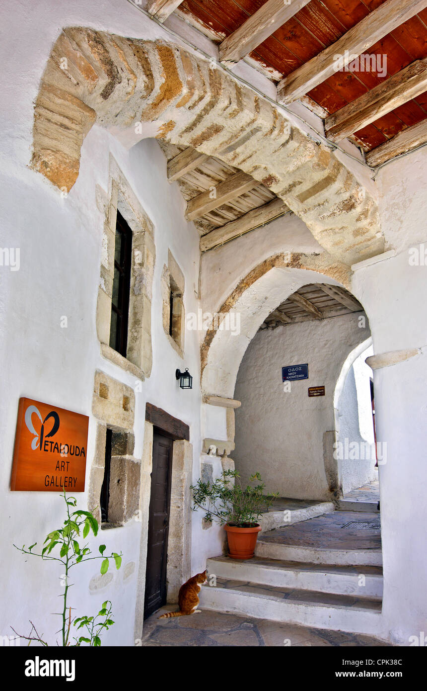 "Magnifique" ou "tiasto teasto' (galerie voûtée) près de l'une des portes du château de Sanoudos, Chora de Naxos, Grèce Banque D'Images