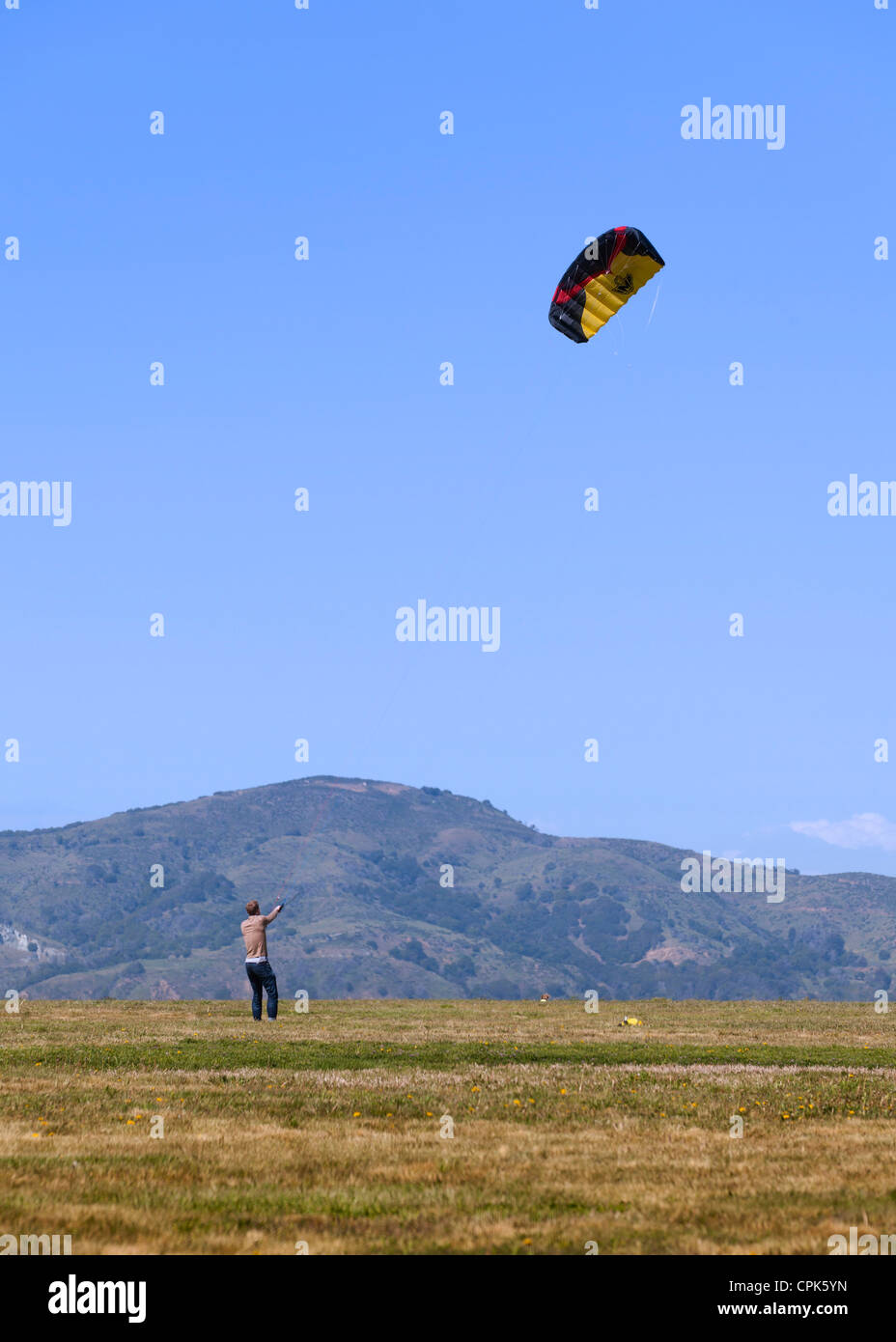 Un homme aux commandes d'un grand cerf-volant dans un champ ouvert Banque D'Images