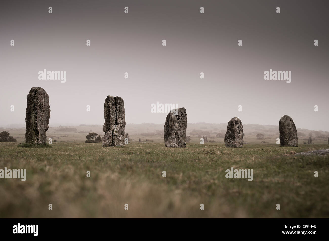 Figurent parmi les cercles de pierre situé sur Bodmin Moor, Cornwall, England, UK. Banque D'Images