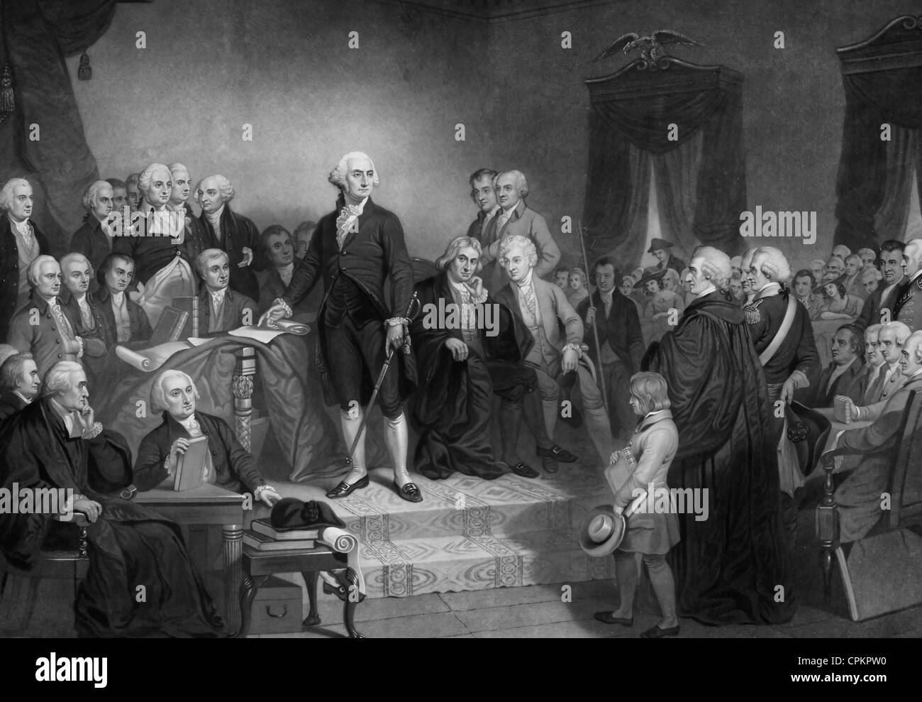 Washington prononce son discours d'avril 1789, dans l'ancien hôtel de ville, New York City Banque D'Images
